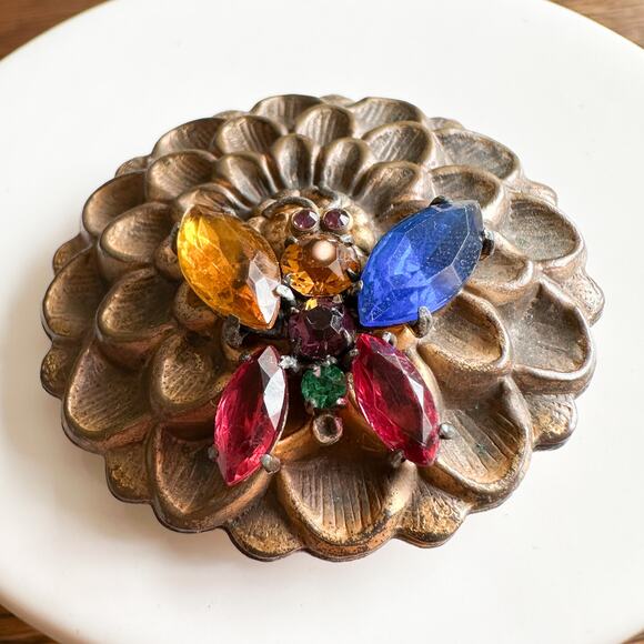 Gold Tone Floral Butterfly Brooch Likely Czech Art Glass Multi-Color c 1930s-40s - Picture 6 of 13